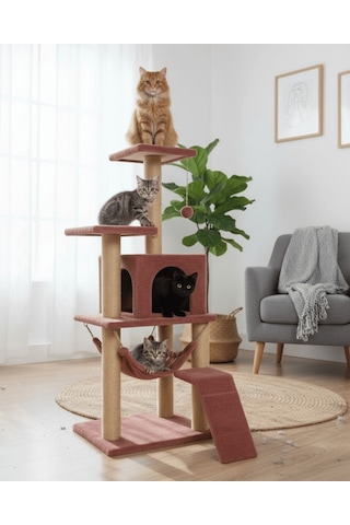 Reyo Pet B-07 Hamaklı Yuvalı Lüx Kedi Tırmalama Oyun Evi Gül Kurusu