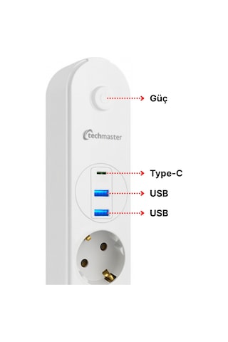 Techmaster 2 Usb+type-c Akım Çocuk Korumalı 4lü Priz 2mt Beyaz Diğer