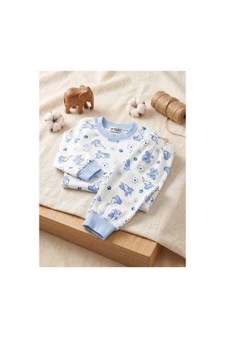 Deniva Kids Unisex Çocuk %100 Pamuklu Sevimli Fil Desenli Ribanalı Uzun Kollu Pijama Takımı Mavi