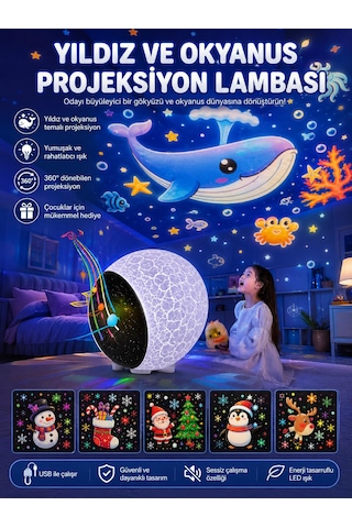 Çocuk Odası Bebek Odası Gece Lambası Hoparlör Bluetoothlu Yıldız Ve Okyonus Projeksiyon Gece Lambası Ahşap Standlı Kumandalı Müzikli Galaksi Ay Işığı
