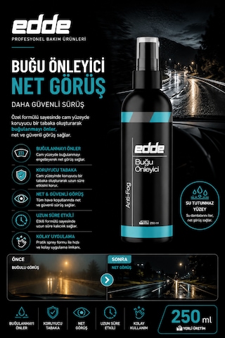 Edde Araba Araç Oto Cam Buğu Giderici Buğu Önleyici Sprey Buhar Önleyici Anti-fog 250 Ml Oto Detailing