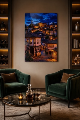 Safranbolu Evleri Baskılı Cam Tablo Sıcak Işıklı Dekoratif Duvar Tablosu