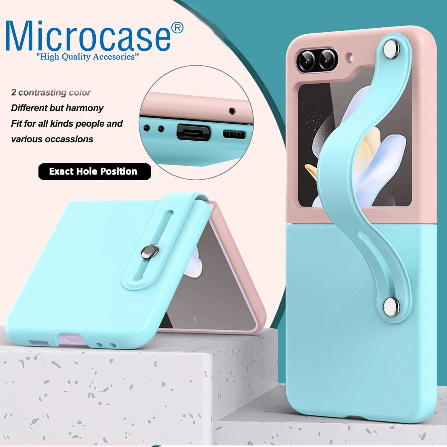 Microcase Samsung Galaxy Uyumlu Z Flip 6/ Z Flip 7 Fe Parmak Tutuculu Deri Desen Plastik Kılıf - Al3151 Turkuaz