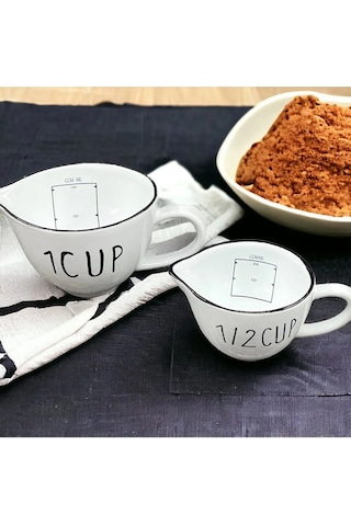 Seramik 2'li Ölçü Kabı Seti - 1 Cup 500 Ml Ve 1/2 Cup 250 Ml Kapasiteli, Beyaz