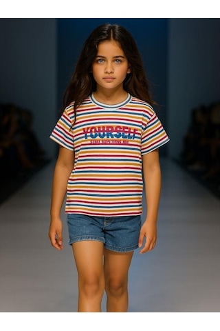 Cicihlid Çocuk Çizgili Pamuklu T-shirt-15895 Renkli