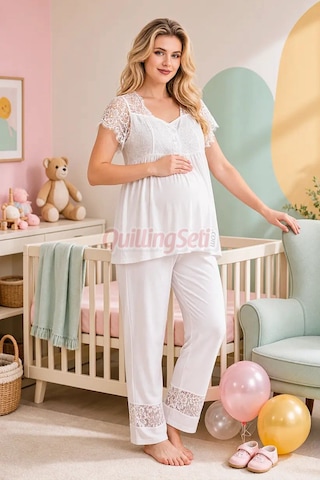 Quilling Ekru Renkli Dantel Detaylı, 33200 Kısa Kol, 2 Parça Lohusa Hamile Pijama Takımı