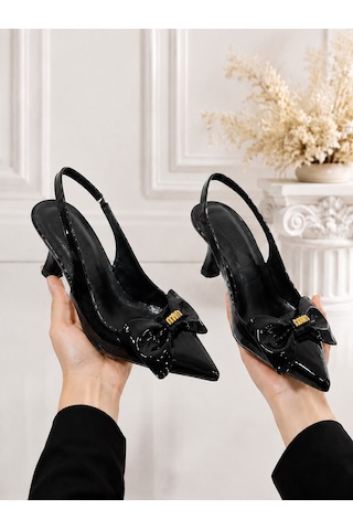 Dabab Shoes Kamıla Kadın Siyah Fiyonk Detaylı Rugan Sivri Burun Slingback 7 Cm İnce Topuklu Ayakkabı