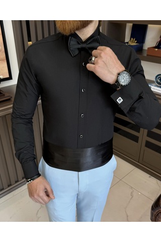 İtalyan Kesim Slim Fit Damatlık Ata Yaka Erkek Gömlek Siyah T7526-siyah Siyah