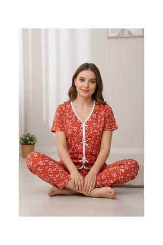 I-moda Kadın Turuncu Kalp Desenli Fiyonklu Kısa Kollu Uzun Pijama Takımı