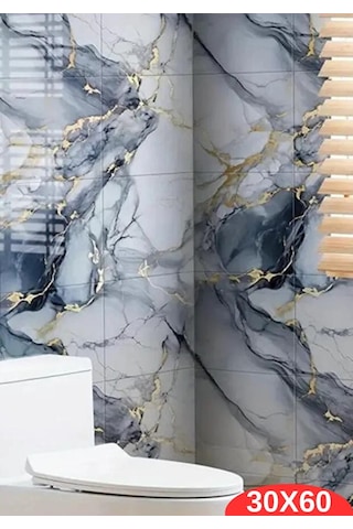 10 Adet 30x60cm Mavi Gold Mermer Desen Yapışkanlı Köpük Duvar Paneli Kağıdı Banyo,tezgah Ara Tx-6969 Mavi