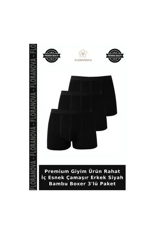 Floranova Premium Giyim Ürün Rahat İç Esnek Çamaşır Erkek Siyah Bambu Boxer 3'lü Paket