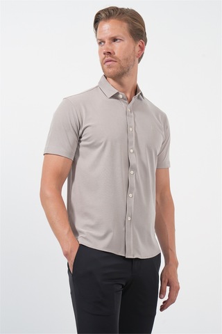 İmza Bej İtalyan Yaka Kısa Kol Cepsiz Slim Fit Esnek Gömlek 1004260159 Koyu Bej