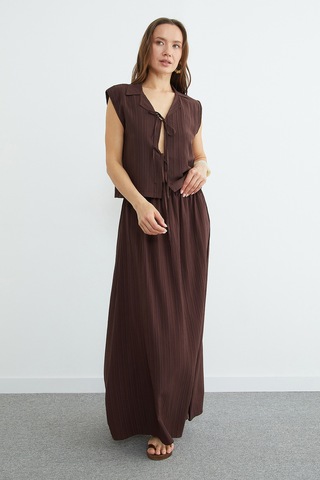 Fullamoda Önü Bağlamalı Jakarlı Etekli 2 Li Takım Kahve