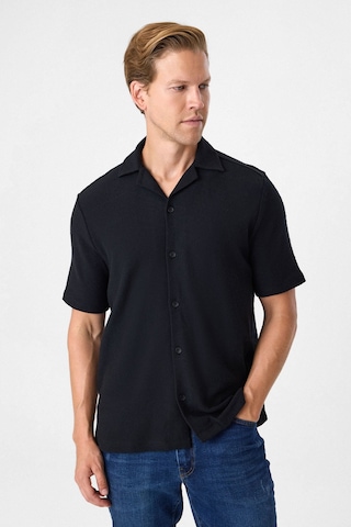 Backandbond Küba Yaka Relaxed Fit Küba Yaka Örme Gömlek Siyah