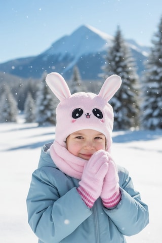 Eleven Markets Kız Çocuk Kulaklı Bere Boyunluk Takım Sevimli Tavşan Desenli Polar Kışlık Şapka & Atkı, 3-9 Yaş Pembe