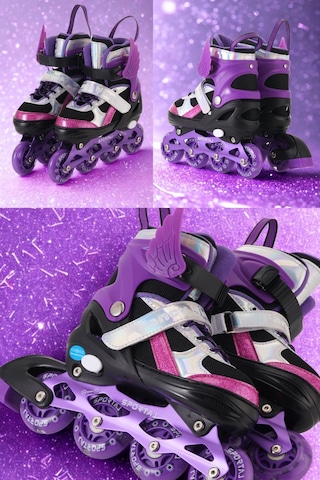 Melek Kanatlı Işıklı Çocuk Pateni Silikon Teker Ayarlanabilir Paten Taşıma Çantalı Mor Mor