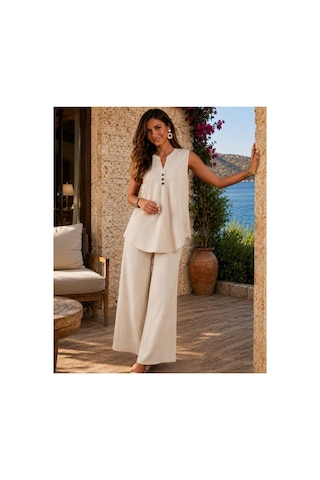 Unika Boutique Kadın Kısa Kollu Bürümcük Bluz Ve Pantolon Ikili Takım ekru