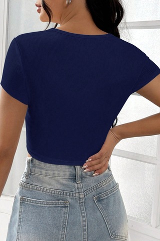 Angbutik Kadın Lacivert Yarım Kol Düz Yaka Crop Top Bluz
