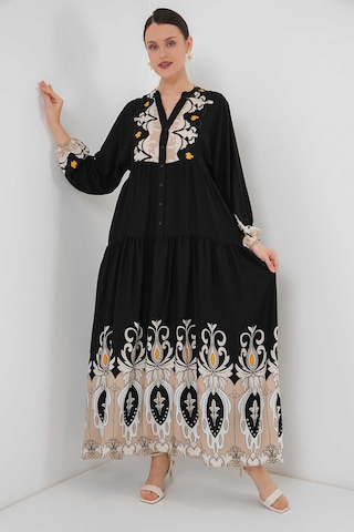 Gabria Ön Düğmeli Desenli Viskon Elbise Siyah - Taş