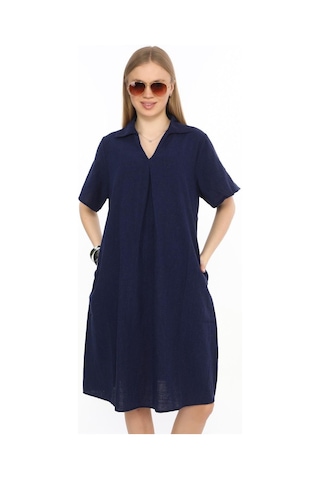 Yarım Kol V Yaka Keten Elbise-9164 Lacivert