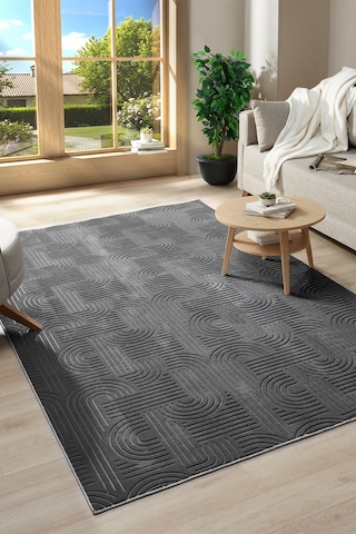 Raschel Carpet Bohem Emboss Premium Seri Kaymaz Taban Jel Taban Halı Yolluk Koyu Gri Gri