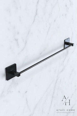 Atacı Yapışkanlı Siyah Uzun Havlu Askısı Kare Havluluk Havlu Askısı Wc Tuvalet Kağıtlık 3 Lü Banyo Set Siyah
