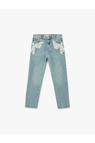 Koton Dantel Detaylı Pamuklu Mom Fit Denim Pantolon Orta İndigo 6skg40077ad İndigo