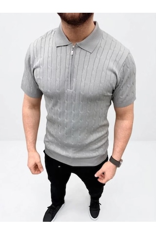 Hazego Erkek Yazlık Triko Saç Örgü Tişört Kısa Kol Polo Yaka Fermuarlı T-shirt - Gri