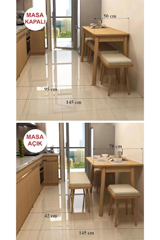 Vina Mini Açılır Mutfak Masa Takımı, Krem 1 Masa + 2 Sandalye + 1 Bench Çok Renkli