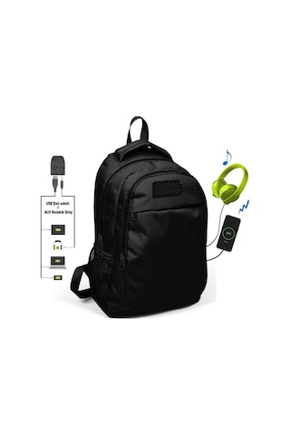 Coral High Siyah İlk ve Ortaokul Sırt Çantası - Usb ve Aux Çıkışlı