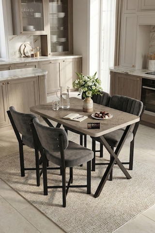 Reyo Falez Elma 110x70 Cm Masa Takımı 4 Sandalyeli Modern Mutfak Balkon Kafe Yemek Masası Seti Traverten - Antrasit 9887