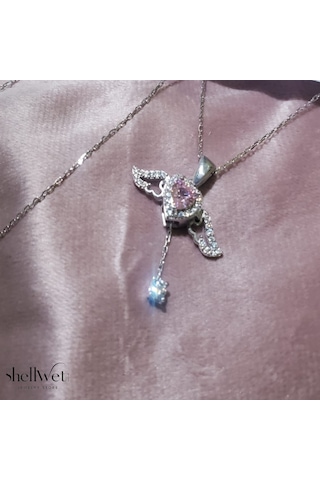 Angelight 925 Ayar Gümüş Melek Kanatlı Pembe Taş Kalpli Kadın Kolye Ort. Gümüş