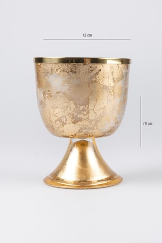 Altın Varak Eskitme Ayaklı Cam Mumluk Kokusuz Mum Logo Kapaklı Orta 12x15 Cm