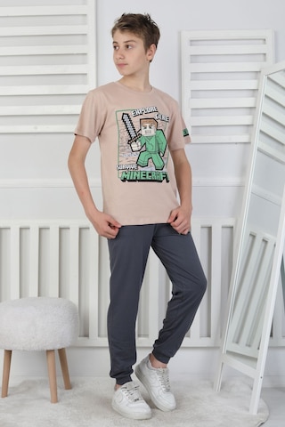 Zuzunga Explore Create Desenli Erkek Çocuk Süprem Kısa Kollu Pijama Takımı Bej
