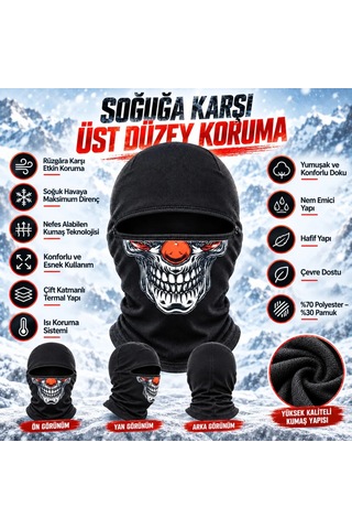 Teorastore Unisex Şık Palyaço Desenli Balaklava Kışlık Tam Yüz Maske Termal Nefes Alan Esnek Kask Altı Boyunluk Siyah