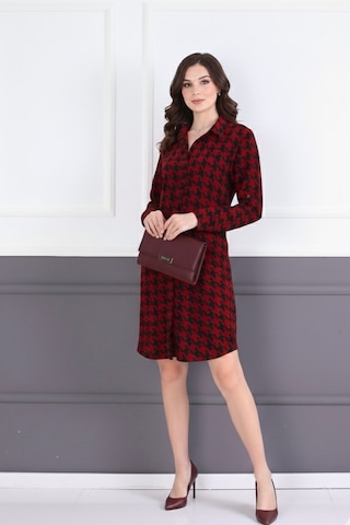 Polologin Butik Bordo Siyah Kazayağı Desenli Gömlek Elbise Bordo