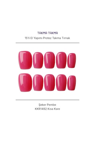 15'li Pembe Kısa Kare Kkr1492 Tekrar Kullanılabilir El Yapımı Protez Takma Tırnak Xs