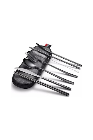 Valkyrie 8 Parça Çantalı Yolculuk Çatal Bıçak Kaşık Pipet Chopstick Seti Kamp Okul Ofis Tatil Paslanmaz Çelik Siyah Siyah