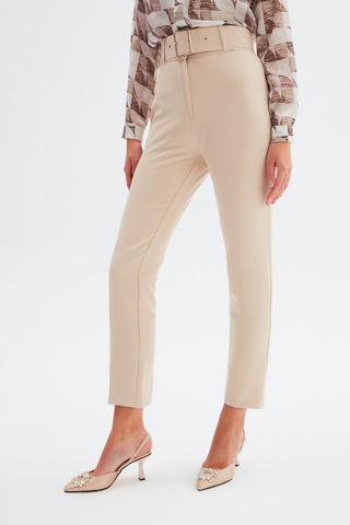 Sateen Yüksek Bel Kemerli Pantolon - Bej