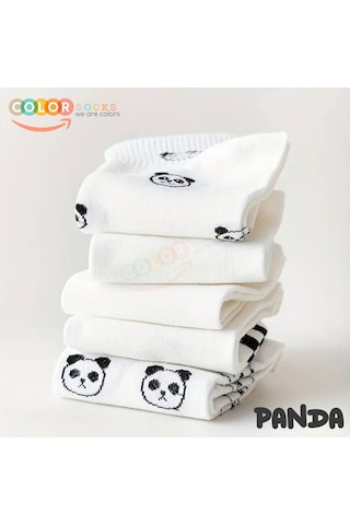 5 Çift Beyaz Panda Desenli Yarım Kolej Kadın Çorap Seti Beyaz