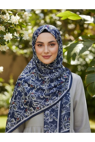 Vivid Floral Desen Pure Touch Koton Şal 75x185cm Lacivert