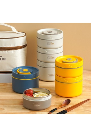 Aubyhe 304 Çelik Isı Saklama Yemek Kutusu Mikrodalga Uygun Katlı Öğrenci Bento Kutusu Beyaz 2 Adet + Isı Saklama Çantası Bej