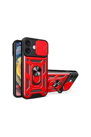 Apple Uyumlu Apple iPhone 16 Kılıf Pars Lens Yüzüklü Silikon - Kırmızı -