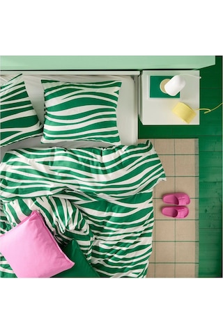 Ikea Portlakmalla Yeşil-beyaz 150x200/50x60 Cm Tek Kişilik Nevresim Seti Beyaz - Yeşil