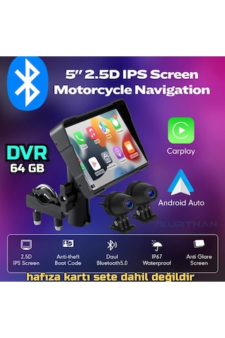 Motosiklet Carplay Ve Android Auto Dokunmatik 5 İnç Dvr Monitör