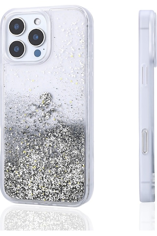 Goocamp Apple Uyumlu iPhone 14 Pro Max Kılıf Sıvılı Simli Şeffaf Arka Yüzey Keto Silikon Kapak - Gümüş