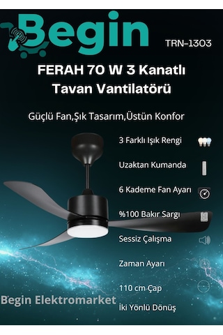 Ferah 70 W 3 Kanatlı Led Işıklı Tavan Vantilatör Uzaktan Kumandalı Siyah