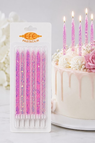 Pembe Beyaz Uzun Pul Simli Pasta Mumu 17 Cm Karışık