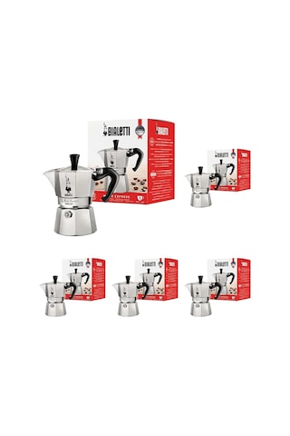 Moka Express: 2 Cups Ocak Üstü Espresso Pişirici - 90ml - Gümüş Renk - Alüminyum Gövde - Patentli Güvenlik Valfi - Tüm Ocak Türleri İçin Uygundur İndüksiyon Hariç 5li Paket
