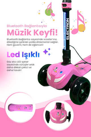 Electron Led Işıklı Hoparlörlü Yükseklik Ayarlı Elektrikli Scooter - 60w Pembe